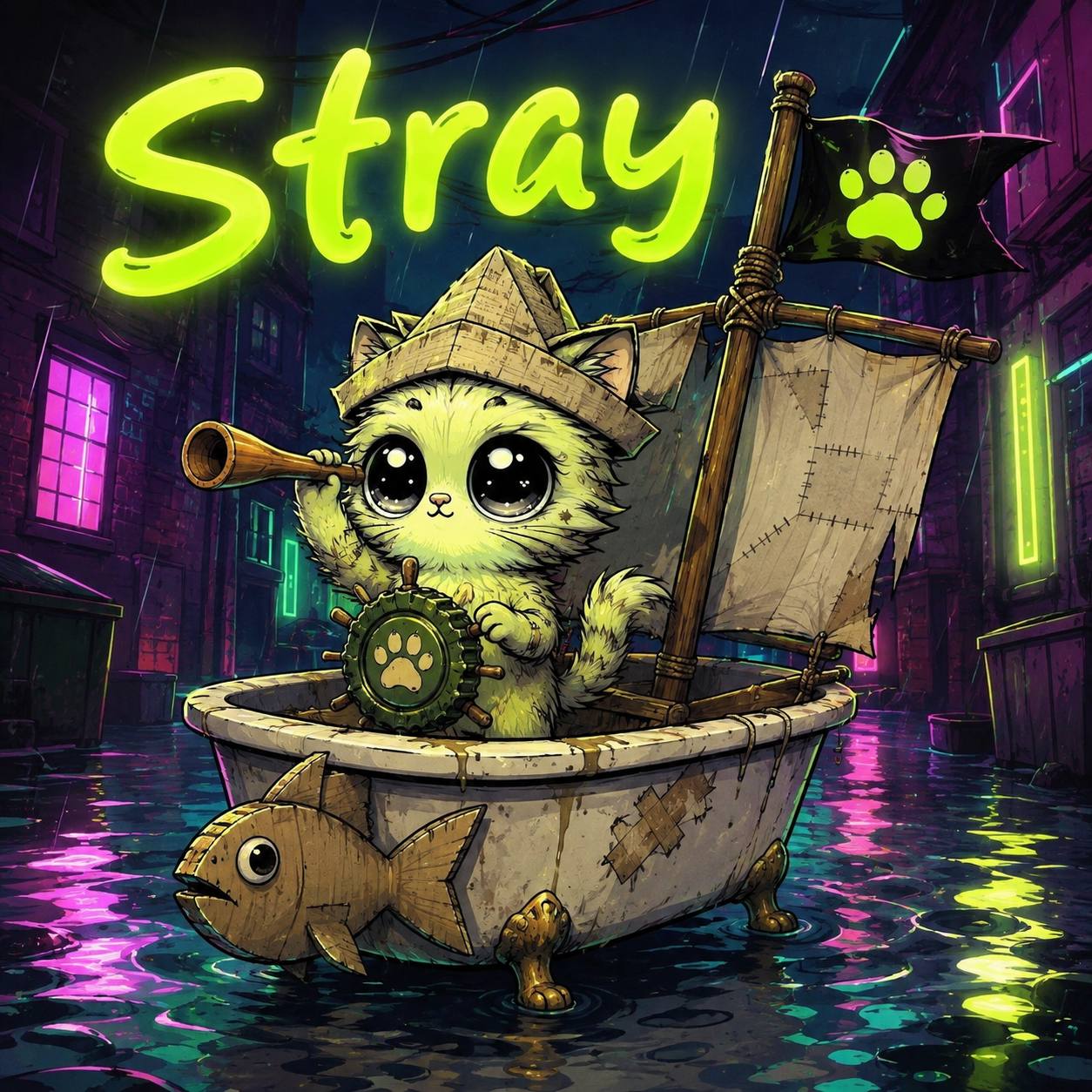 $STRAY cat sailing a bathtub through a neon alley